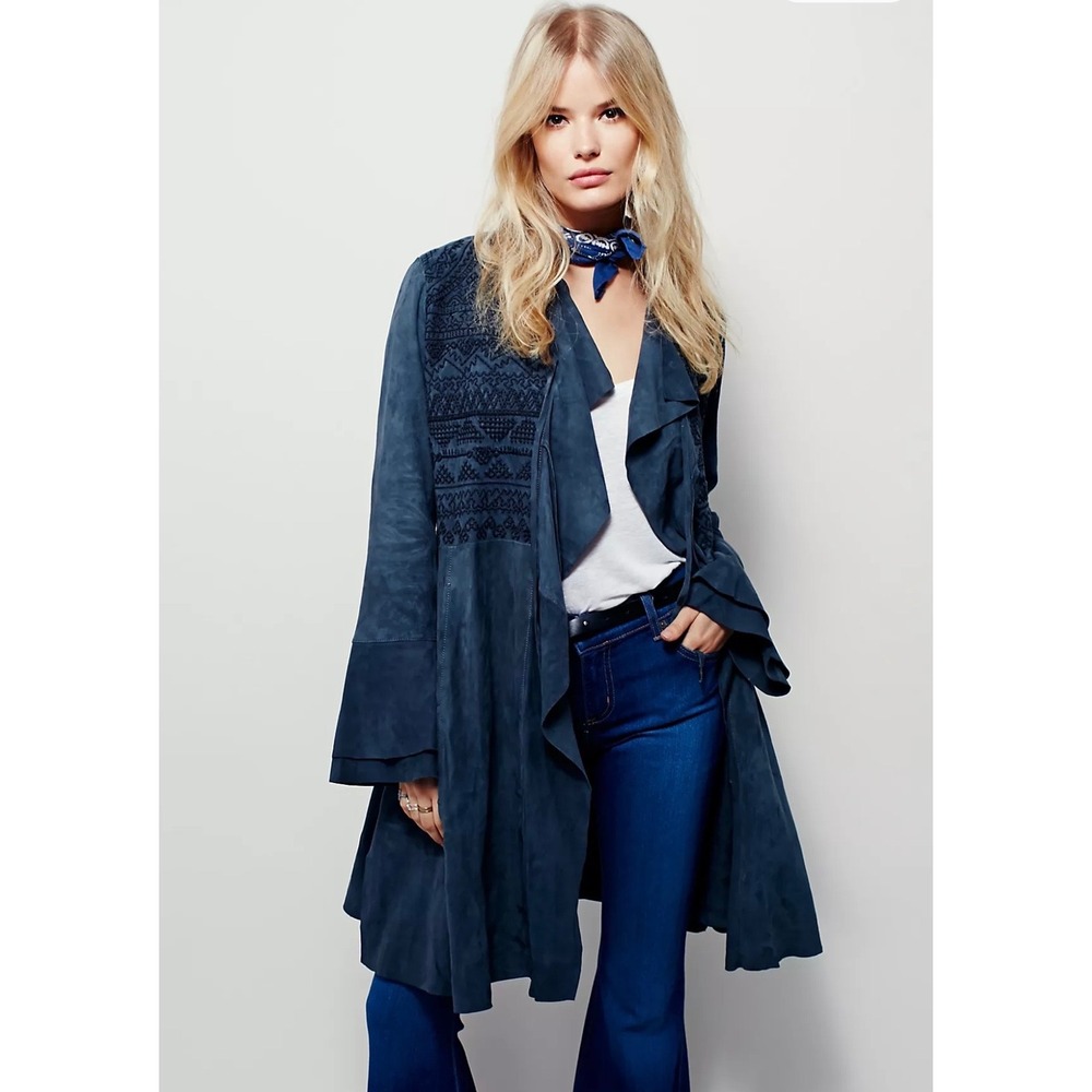 Free People Embroidered Meadow Jacket Suede Boho Waterfall Duster  Embroidery